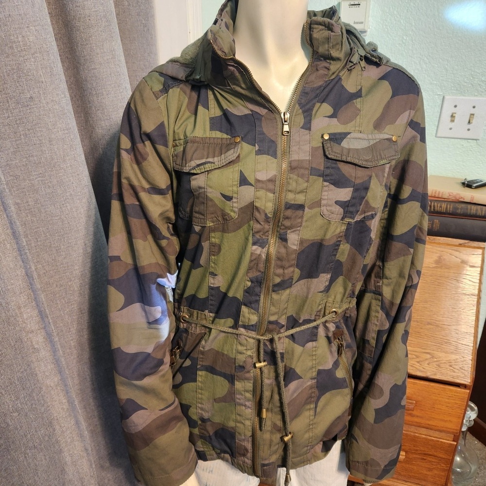 Camo Utility Jacket Snobbish Womens L Drawstring Waist Full Zip‎ Grunge Hipster